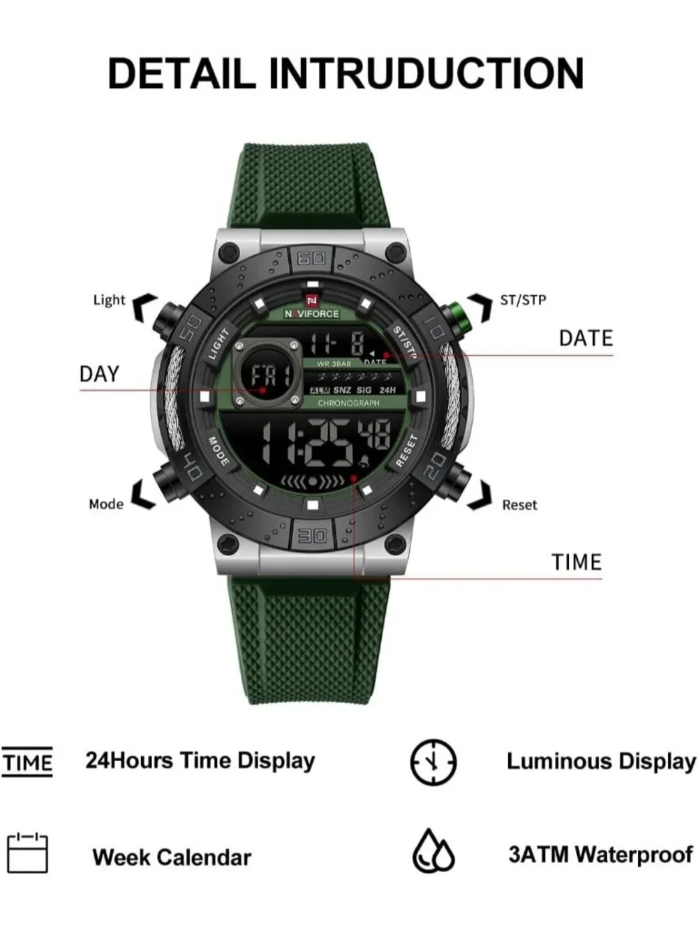 Men's Green Analog Quartz Military Waterproof Sports Chronograph Digital Watch